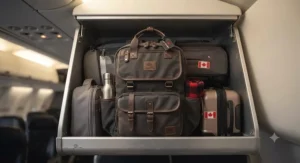 A lightweight backpack diaper bag for dads packed neatly in an overhead airplane bin for family travel across Canada.