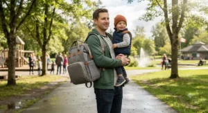 A father comfortably carrying a neutral grey diaper bag backpack while holding his toddler at a local park.