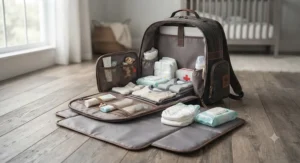A backpack diaper bag for dads laid open alongside its portable wipe-clean changing mat for on-the-go diaper changes.