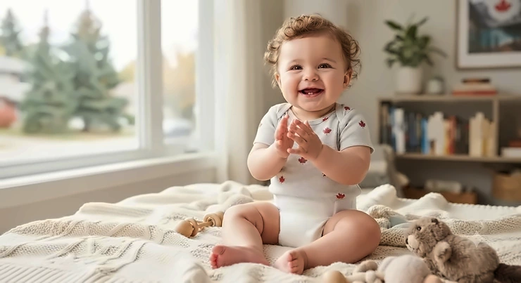 A happy baby wearing hypoallergenic diapers for sensitive skin while sitting on a cozy blanket indoors in Canada.