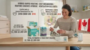 Canadian parents balancing a hybrid routine, illustrating how mixing methods impacts disposable vs cloth diapers cost over time.