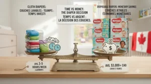 A side-by-side scale weighing weekly laundry hours against monetary savings in the disposable vs cloth diapers cost decision.