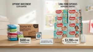 A visual breakdown of disposable vs cloth diapers cost, highlighting initial startup stashes versus recurring monthly purchases in Canada.