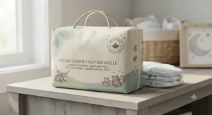 A happy toddler waking up dry in the morning thanks to leak-free overnight diapers for heavy wetters.