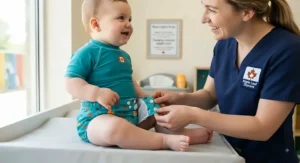 Easy-change swim diaper featuring side snaps for quick removal by daycare educators