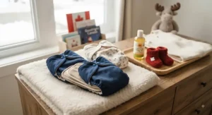 Sustainable pocket diapers for overnight use laid out next to winter nursery essentials in Canada.