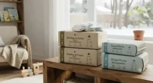 Stacks of eco-friendly and hypoallergenic size 4 diapers for toddlers popular across Canada.