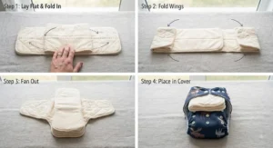 Step-by-step demonstration of the angel wing fold for a cotton prefold diaper used with reusable cloth diaper covers.