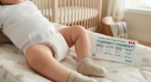 Close-up of baby legs and a size 4 diaper fit guide chart for Canadian families.