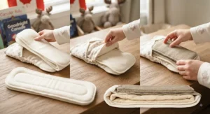 Step-by-step illustration showing how to properly stuff pocket diapers for overnight use with dual boosters.
