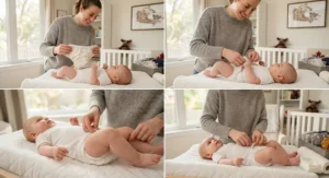An instructional diagram showing how to put on all-in-one cloth diapers for babies