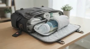 Insulated bottle pocket inside a messenger diaper bag for travel keeping a baby bottle secure.