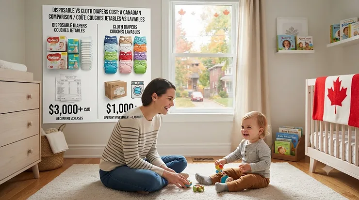 Infographic comparing disposable vs cloth diapers cost for Canadian parents, showing long-term savings from birth to potty training.
