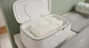 Open wipe warmer compartment showing a standard stack of baby wipes fitting comfortably inside.