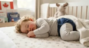A toddler sleeping peacefully while wearing leakproof pocket diapers for overnight use.