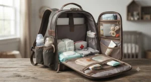 Open view of a backpack diaper bag for dads showing multiple insulated bottle pockets and compartments.