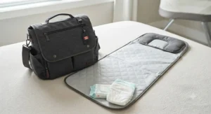 Included portable changing pad laid out next to a messenger diaper bag for travel.