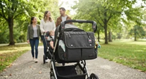 Messenger diaper bag for travel securely attached to a stroller handle during a family walk outdoors.
