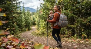 A mother wearing a functional diaper bag backpack while walking on a scenic Canadian hiking trail with her baby.
