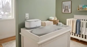 Neutrally styled wipe warmer blending seamlessly into a contemporary gender-neutral Canadian nursery.