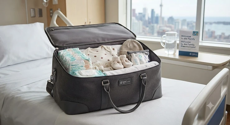 An open hospital bag packed with newborn diapers and baby essentials for Canadian maternity wards.