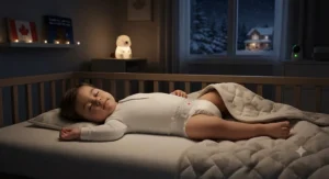 A toddler sleeping peacefully at night protected by high-absorbency size 4 diapers.