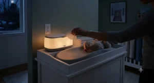 Wipe warmer with a built-in soft nightlight illuminating a nursery during a late-night diaper change.
