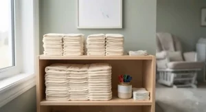 Neatly stacked organic cotton prefold diapers in a modern nursery shelf, ready for daily diapering routines.