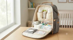 An open diaper bag backpack showing multiple insulated pockets, wipes dispenser, and organized baby gear essentials.