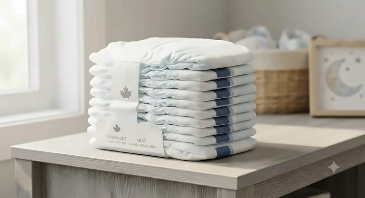 A stack of Canadian-approved overnight diapers for heavy wetters featuring leak-proof tabs on a neutral background.