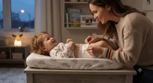 A Canadian parent putting an overnight diaper on a smiling toddler as part of their bedtime routine.