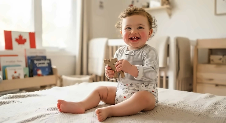 A happy baby wearing pocket diapers for overnight use, designed for leak-free nights in Canadian homes.