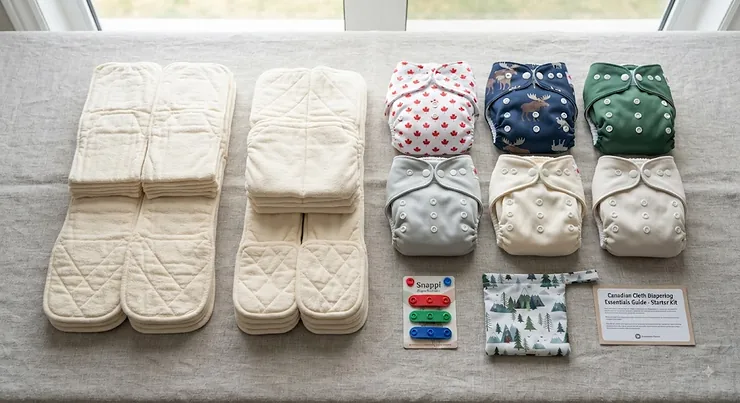 Complete prefold diapers and covers starter kit laid out flat on a neutral background, popular among Canadian eco-friendly parents.