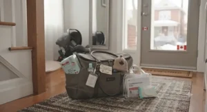 A fully packed hospital bag ready by the door with newborn diapers and baby gear for a Canadian birth.