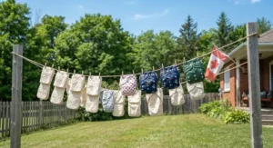 Prefold diapers and waterproof covers drying on an outdoor clothesline on a sunny Canadian summer day.