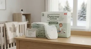 Dermatologist-tested size 4 diapers for toddlers with sensitive skin, available in Canadian stores.