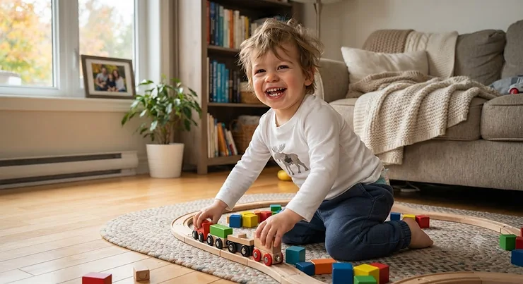 A smiling Canadian toddler wearing size 4 diapers while playing in a cozy living room.