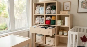 Organized storage solutions for all-in-one cloth diapers in a modern nursery