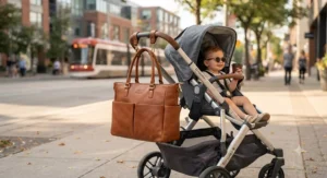 A stylish leather diaper tote bag hanging neatly from a stroller handle on a sunny afternoon in downtown Toronto.