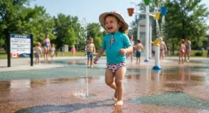 Toddler playing safely at a local splash pad wearing a daycare-approved swim diaper
