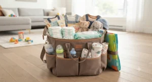 Convenient tote diaper bag hanging securely from stroller hooks on a city sidewalk