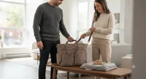 Travel-friendly tote diaper bag securely slipped over luggage handle for family travel