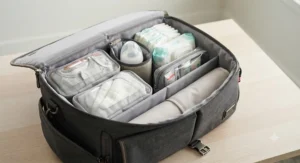 Open messenger diaper bag for travel showing organized packing cubes and baby essentials.