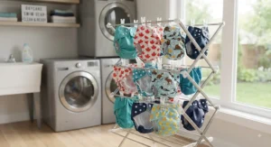 Washable swim diapers hung out to dry, prepared for the upcoming week at daycare