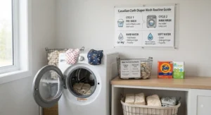 Cloth diaper washing routine guide illustrating pre-wash and main wash cycles for Canadian hard or soft water.