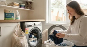 Illustration representing a Canadian family laundry routine for washing pocket diapers for overnight use.