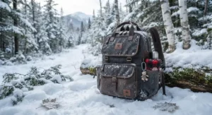 A durable, water-resistant backpack diaper bag for dads resting on snowy ground during a winter outing in Canada.