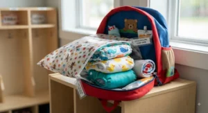 Pack of waterproof swim diapers packed neatly in a child's daycare bag for summer camp