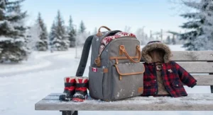 A winter-ready diaper bag backpack resting beside snow boots and a baby parka during a Canadian winter outing.
