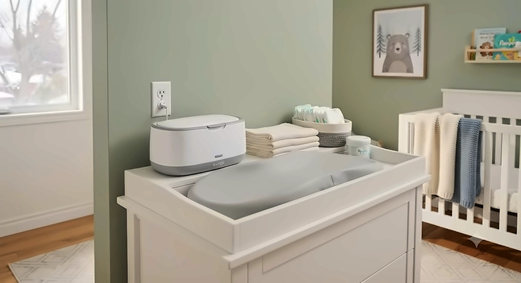 Modern nursery setup featuring a wipe warmer on a changing table, ready for cold Canadian winters. wipe warmers for nursery